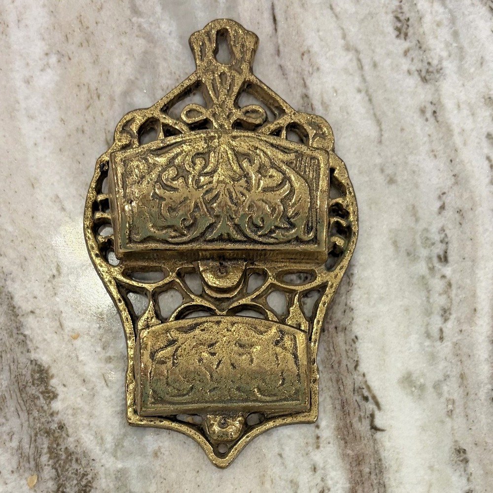 Antique Style Brass Wall Mount Match Holder Safe Double Pocket Ornate 6.25"
